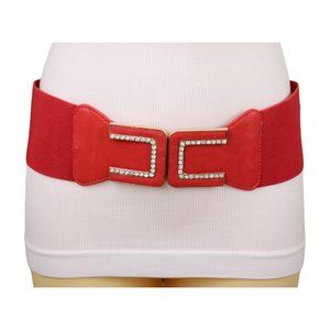 Women Elastic Wide Coral Red Color High Waist Hip Belt Gold Square Buckle S M